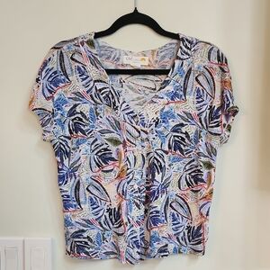 C&C Women's Vibrant Leaf Print Linen Blouse